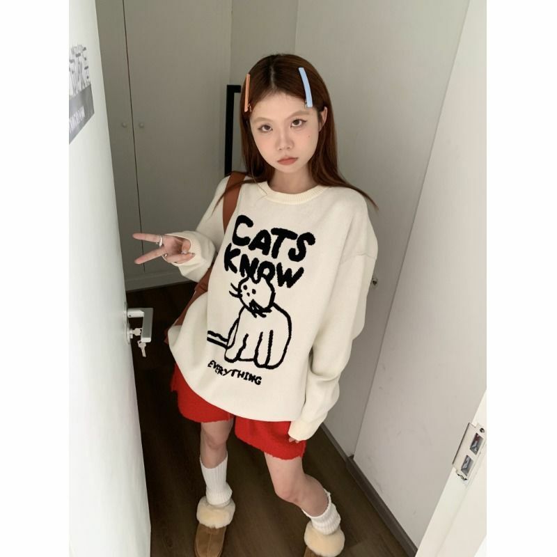 American Retro 2023 Autumn Winter New Round Neck Hand Painted Cat Long Sleeved Knitted Sweater Loose Version Top Women Pullover