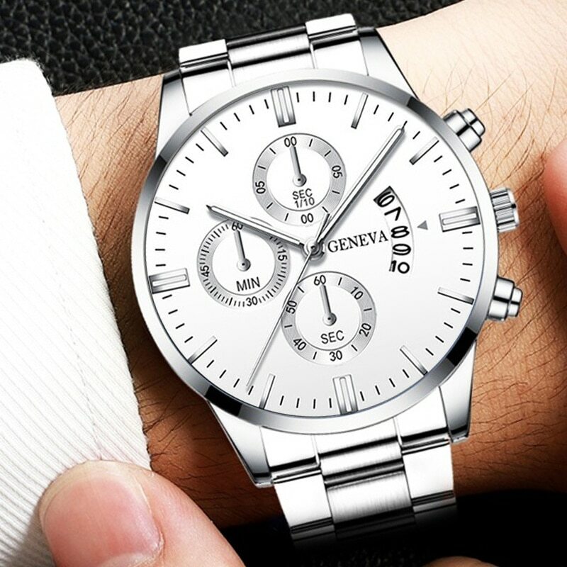 Reloj de pulsera de cuarzo para Hombre, cronógrafo de lujo, de acero inoxidable y plata, con calendario de negocios, a la moda, 2023