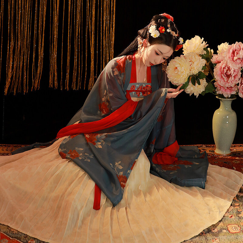 Hanfu Set gaun gaya Tiongkok wanita, kostum panggung dansa peri bordir bunga elegan Dinasti Tang tradisional Vintage