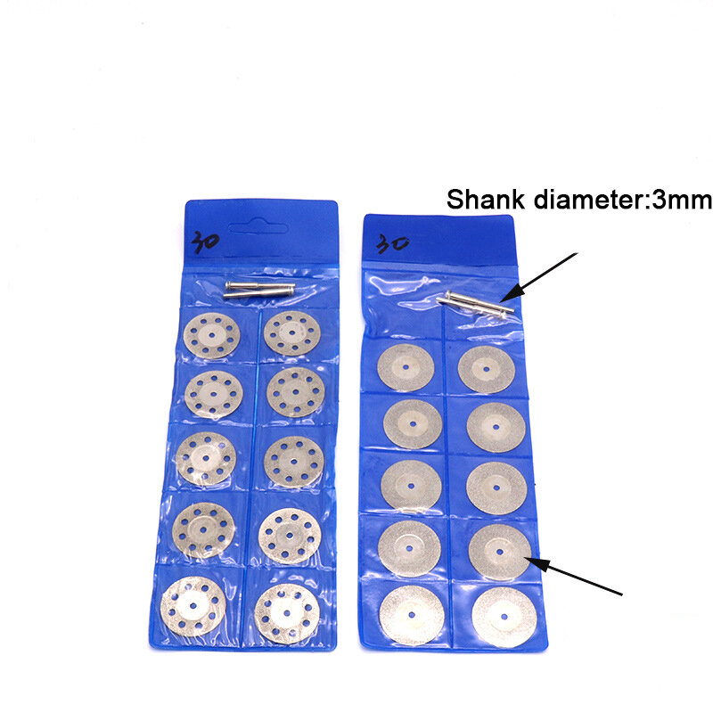 10pcs 20 30 40 50mm Mini Diamond Cirkelzaagblad Slijpen Slijpschijf Met 2pcs Aansluiten Schacht voor Dremel Rotary Tool