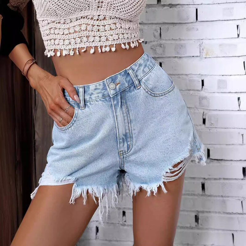 Distressed Shorts Denim Women Jeans High Waist Sexy Slim Fit Ripped 2024 Washed Pockets Solid Hole Casual Basics Skinny