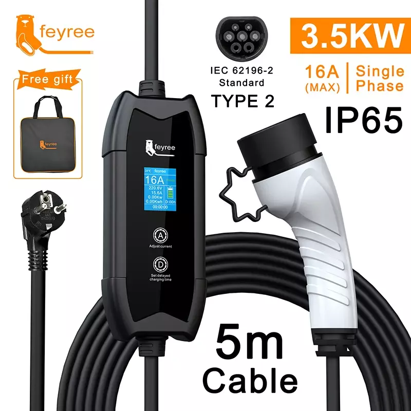 Feyree EV Charger Type 2 16A 3.5kW GBT Electric Car 5M Charging Cable J1772 Type 1 Wallbox for Electric Vehicle Car