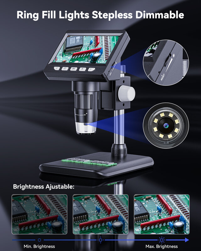 Microscópio Digital para Reparação Eletrônica, Microscópio de Solda, Microscópio de Moedas, PCB, PC, Laptop, 4.3 in, 1080P, 50-1000x, 2000mAh