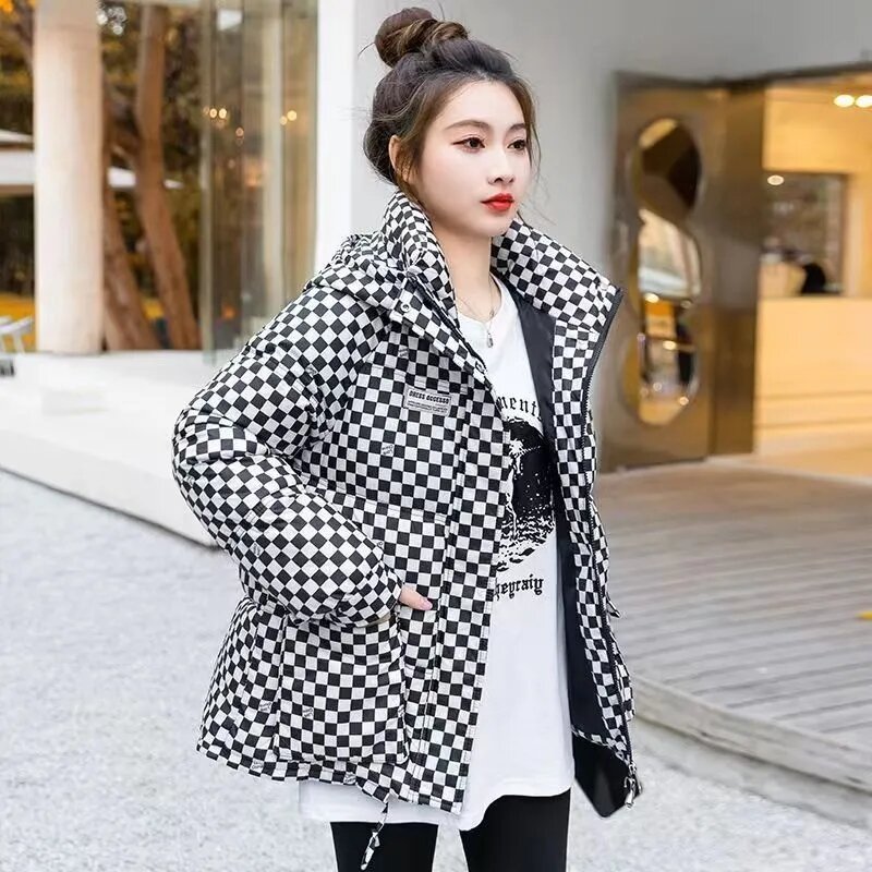 Winter Plaid Basic Coat 2023 New Women's Cotton padded Thicken Coat Short Student Loose Hooded Parkas Outwear Female Casual Tops