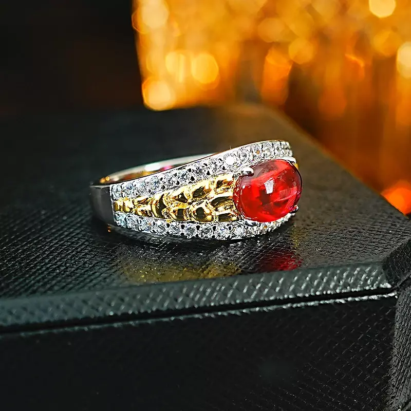 Red corindo jade medalha ovo conjunto anel em forma, diamantes de alto carbono, versátil e estilo vintage, prata 925, luxo leve