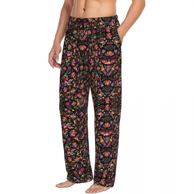 Pantalones de pijama con patrón artístico personalizado para hombre, ropa de dormir elástica, con bolsillos, Otomi, flores mejicanas