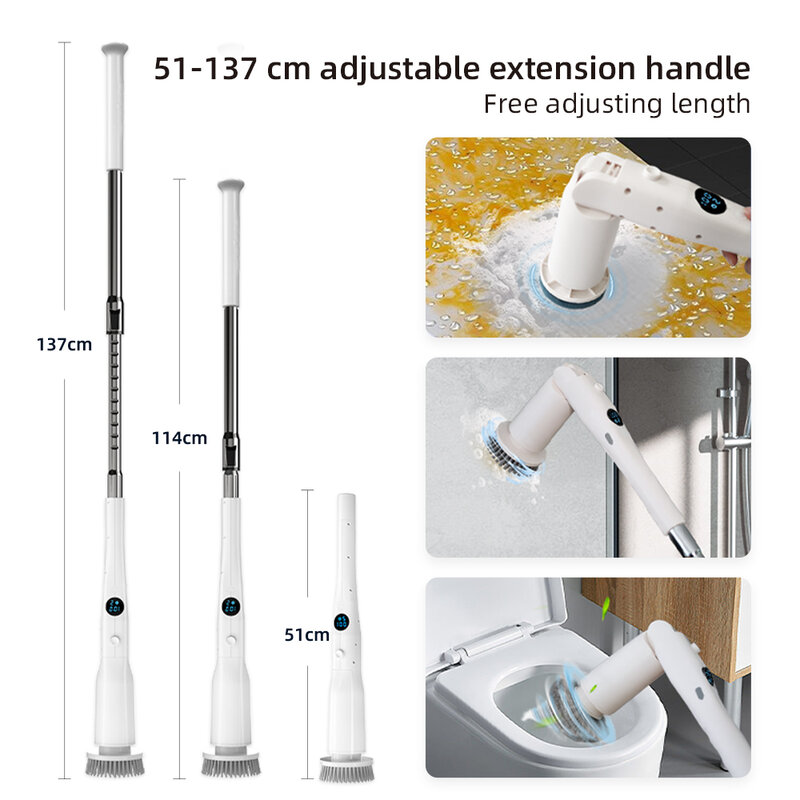 Escova de limpeza elétrica multifuncional, poste longo, cabeça de escova destacável 8 em 1 com comprimento ajustável do poste, rotativa