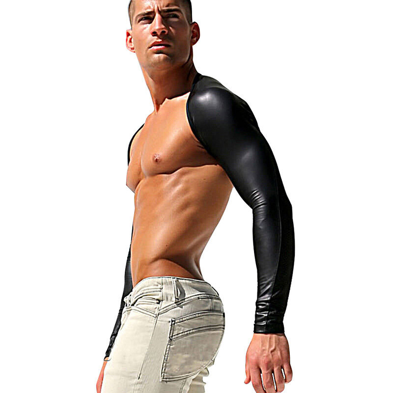 Mężczyzna otwarty otwór PU skórzana bielizna w klatce piersiowej erotyczne gejów z długim rękawem pasek na ramię kulturystyka Fitness krótkie bluzki klub egzotyczne czołgi