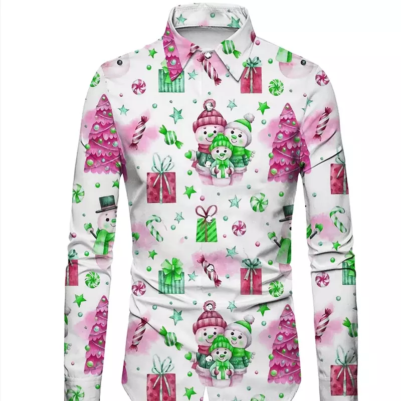 Nowy koszula męska styl imprezowy boże narodzenie śnieżynka koszula z nadrukiem HD długi guzik na rękawie koszulki z klapą nowy rok świąteczna koszula męska 6XL