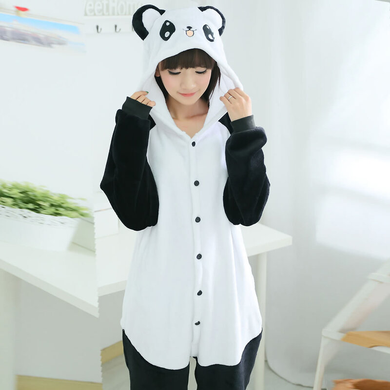 Mooie Schattige Levendige Panda Cartoon Onesies Volwassen Pyjama Jumpsuit Nachtkleding Nachtkleding Flanellen Jumpsuit Homewear