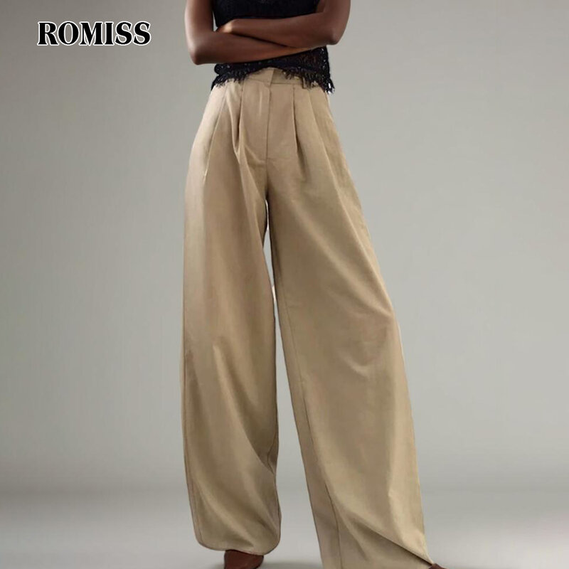 ROMISS Minimalist Solid Pants For Women Loose Waist Wide Leg Patchwork Pockets Long Trousers Female Autumn Clothing Fashion