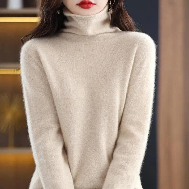 Women Sweater Autumn Winter Turtleneck Warm Knitwear Korean Casual Solid Bottoming Shirt Fashion Knit Pullovers Brown Sweater