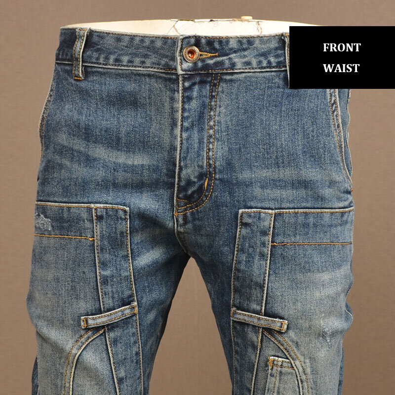 Jeans jeans slim fit masculino emendado, calça motociclista, remendada, hip hop, azul retrô, stretch, moda de rua alta, designer