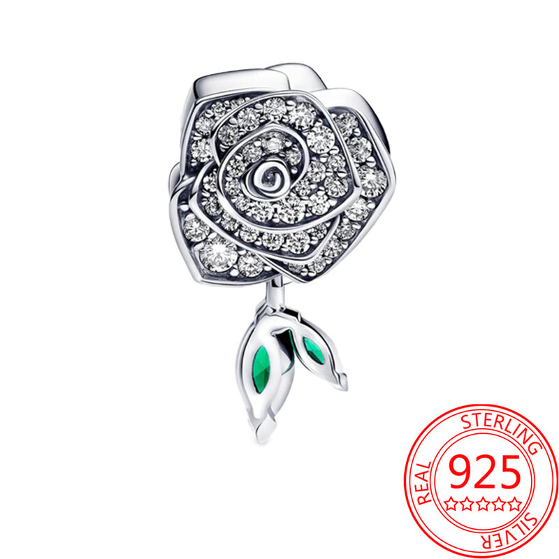 Trendy 925 Sterling Silver Sparkling Rose In Bloom Charm Fit Pandora Bracelet Women's Dating Elegant Jewelry Accessories