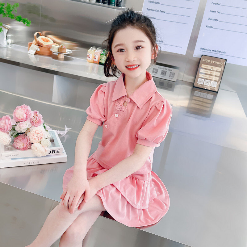 Summer Casual Clothing Sets Girls Short Sleeve T-Shirt+Skirts 2Pcs Suits Big Kids Fashion Pink Sportswear Outfits 5-14 Years