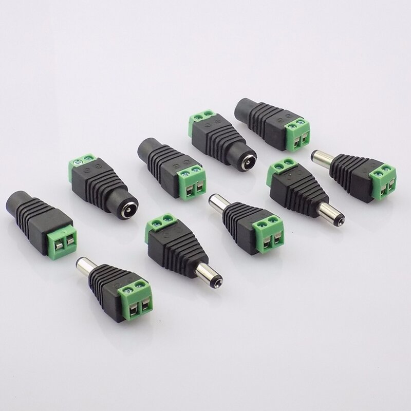 DC Power Plug Adapter para Câmeras CCTV, Single Color Faixa de Lâmpada LED, Feminino e Masculino, 5,5 milímetros x 2,1 milímetros, 5PCs