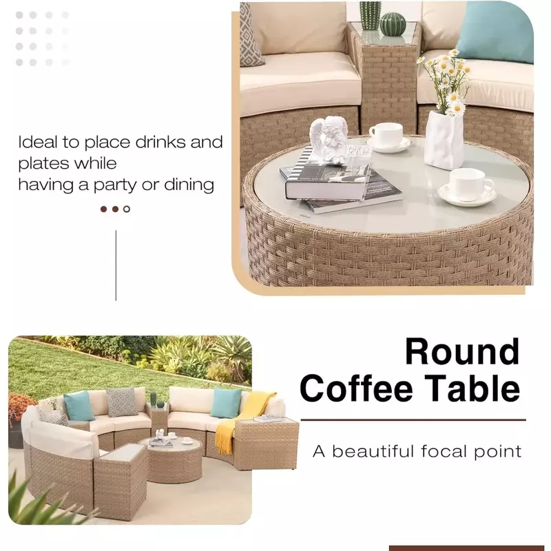11-Piece Half-Moon Sectional Round Patio Furniture Set Curved Outdoor Sofa with Tempered Glass Round Coffee Table, 4 Pillows