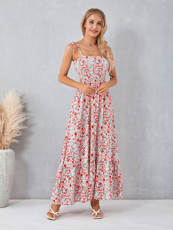 Women Spaghetti Straps Tie-up Long Dress Floral Print Swing Dress Summer Vacation Party Clubwear