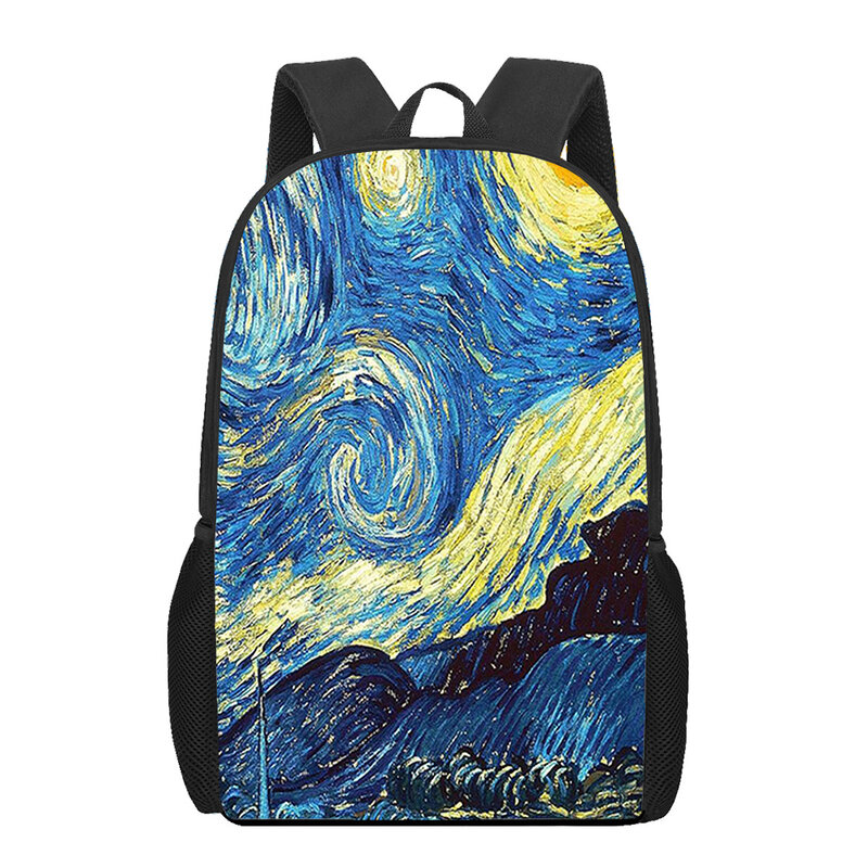 Van Gogh กระเป๋าเป้สะพายหลังโรงเรียนพิมพ์ลาย3D สำหรับวัยรุ่นเด็กหญิงเด็กชายกระเป๋าสะพายไหล่แบบลำลองกระเป๋าหนังสือของเด็กความจุมาก