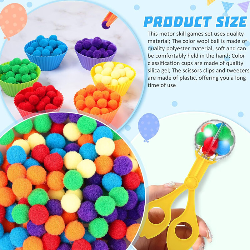 Children Counting And Sorting Toys Set Pom Poms Rainbow Colors Plastic Bowls Tweezers Fine Motor Skill Chidlren Learning Toys