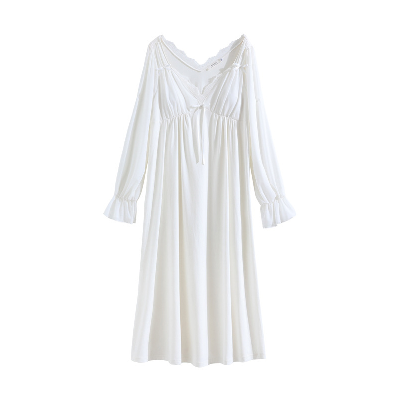 Fairy White Night Dress Women Sexy Sleepwear Lace Long Sleeve Robe Vintage Cotton Nightgown Dressing Gown Princess Nightwear