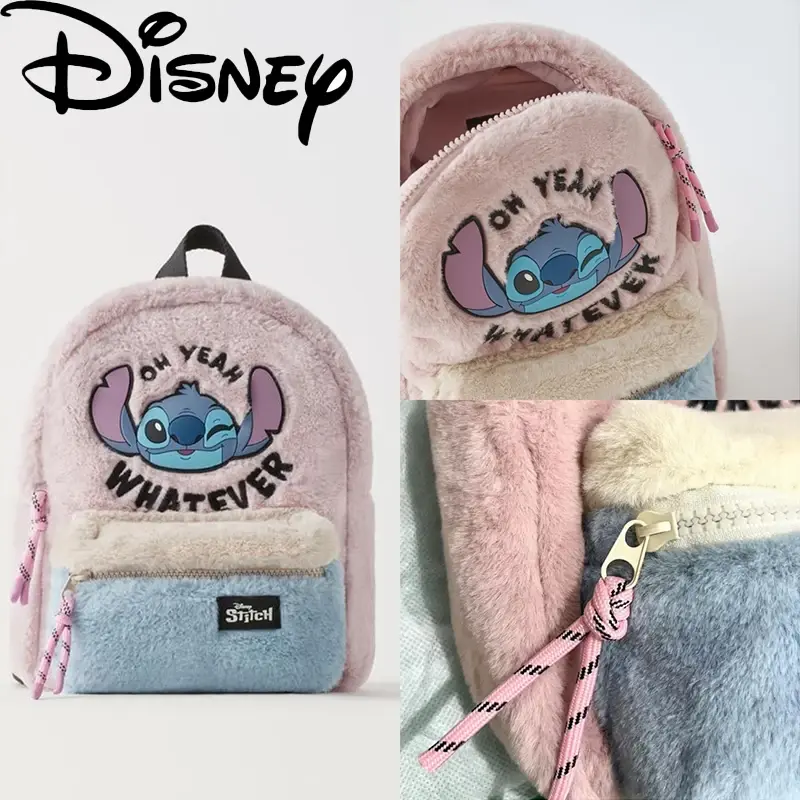 Disney-Pink Stitch mochila de pelúcia infantil, couro periférico, rosa correspondente, material estudantil, presente de aniversário, inverno, novo