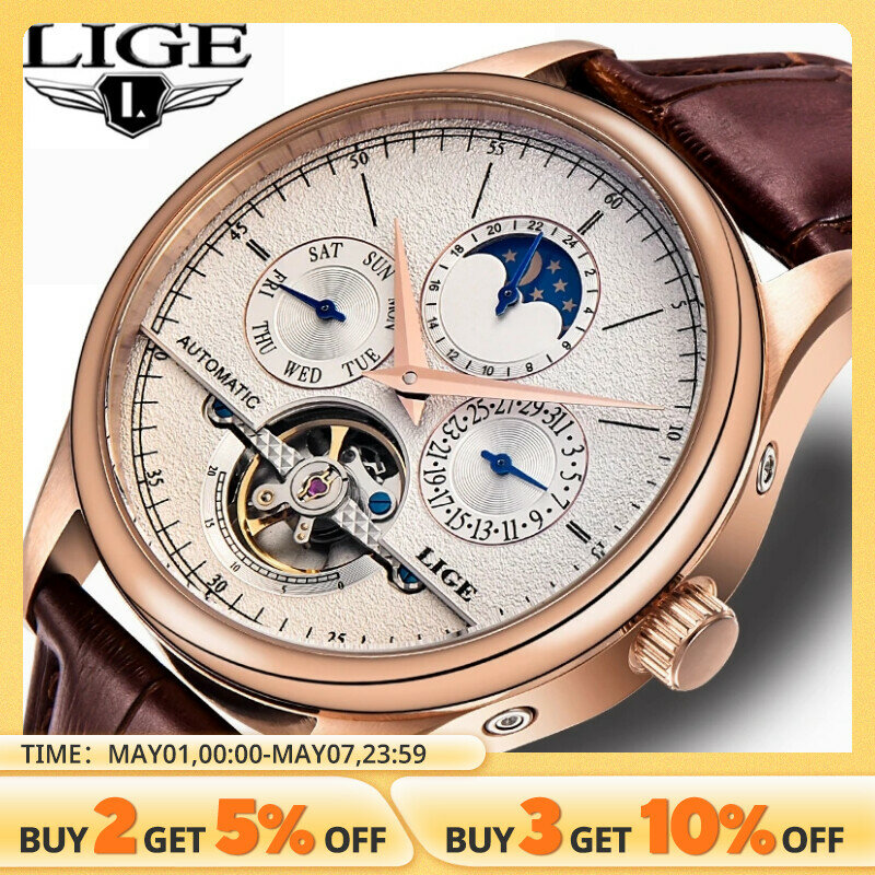 LIGE-Relógio mecânico automático masculino, relógio turbilhão, couro genuíno, impermeável, relógio de pulso militar, homem