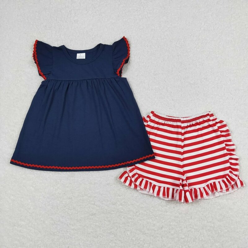 Wholesale Kids Summer Short Sleeves Cotton Tunic Tops Toddler Set Children Stripes Ruffle Shorts Baby Girl Outfit Clothing