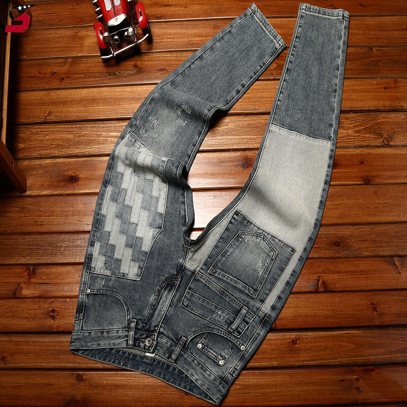 High-end trendy jeans men's Korean-style slim fit skinny pants casual all-match stretch contrast color fashion trousers