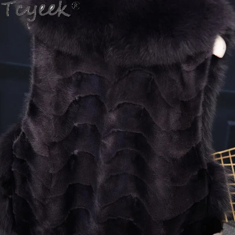 Real Tcyek 여성용 밍크 모피 조끼, 내추럴 코트, 2024 브이넥 민소매 상의, 겨울 아우터, 짧은 여성 재킷, 신상