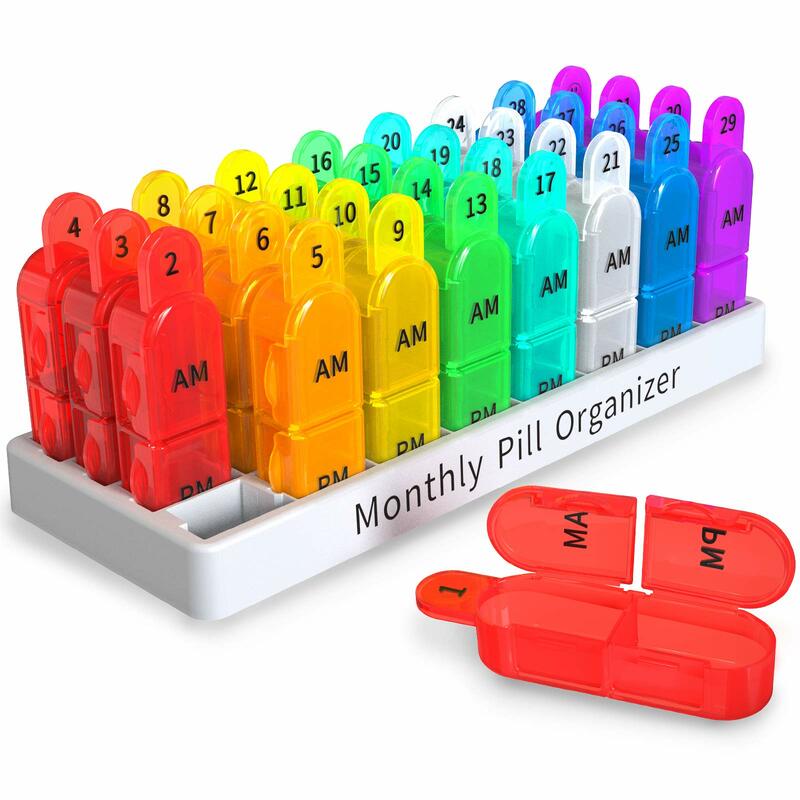 Monthly Pill Box Organiser 2 Times A Day Am Pm Medicine Box w/ 32 Compartments to Hold Vitamin Pill Easy Use for Children Elder