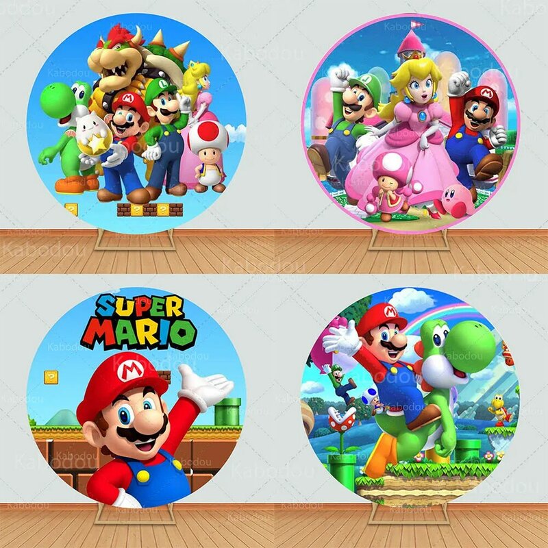 Super Mario Bros latar belakang bulat untuk pesta ulang tahun anak laki-laki dekorasi Baby Shower lingkaran fotografi latar belakang Poster Prop