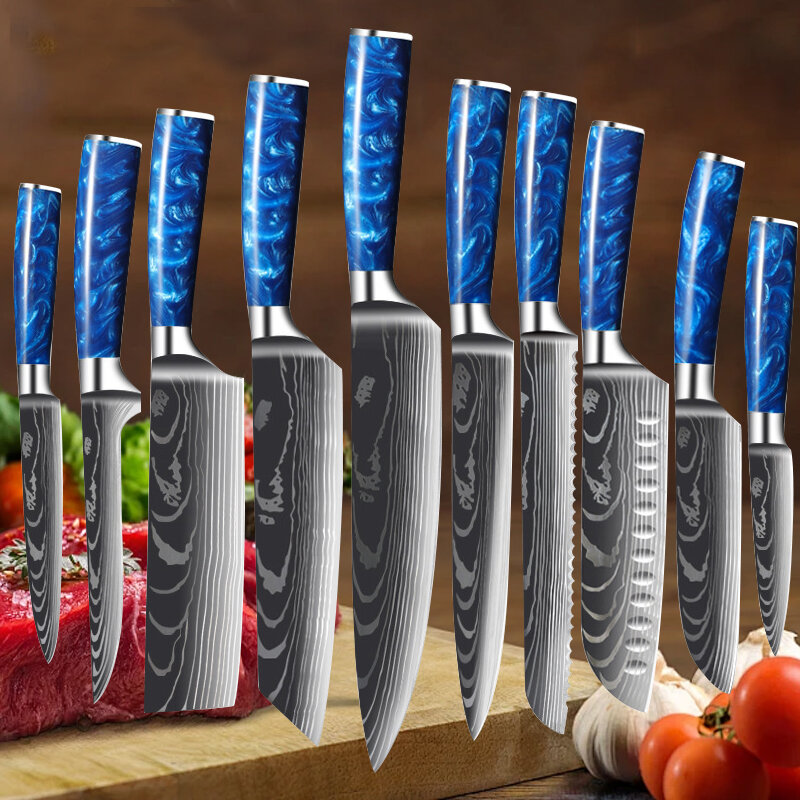 سكين طاه نمط دمشق ، ساطور لحم من الفولاذ المقاوم للصدأ ، مجموعة سكاكين المطبخ ، سكين تقطيع الفاكهة المنزلية ، سكين قطعة قطعة ، 7CR17