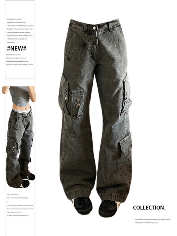 جينز نسائي رمادي كارجو ، فضفاض ، بنطلون جينز كبير الحجم ، بنطلون جينز عتيق ، ياباني هاراجو ، ملابس تافه ، Y2k ،