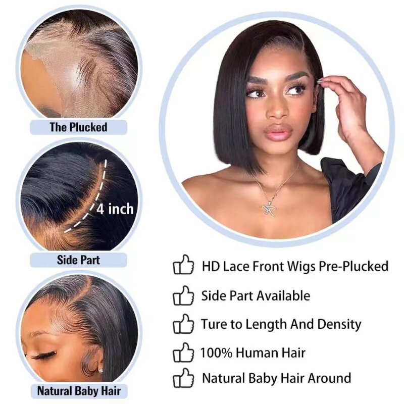 Koronkowa peruka z przodu krótka prosta czarna peruka typu Bob miękkie peruka z ludzkich włosów dla kobiet syntetyczna koronka peruki Cosplay