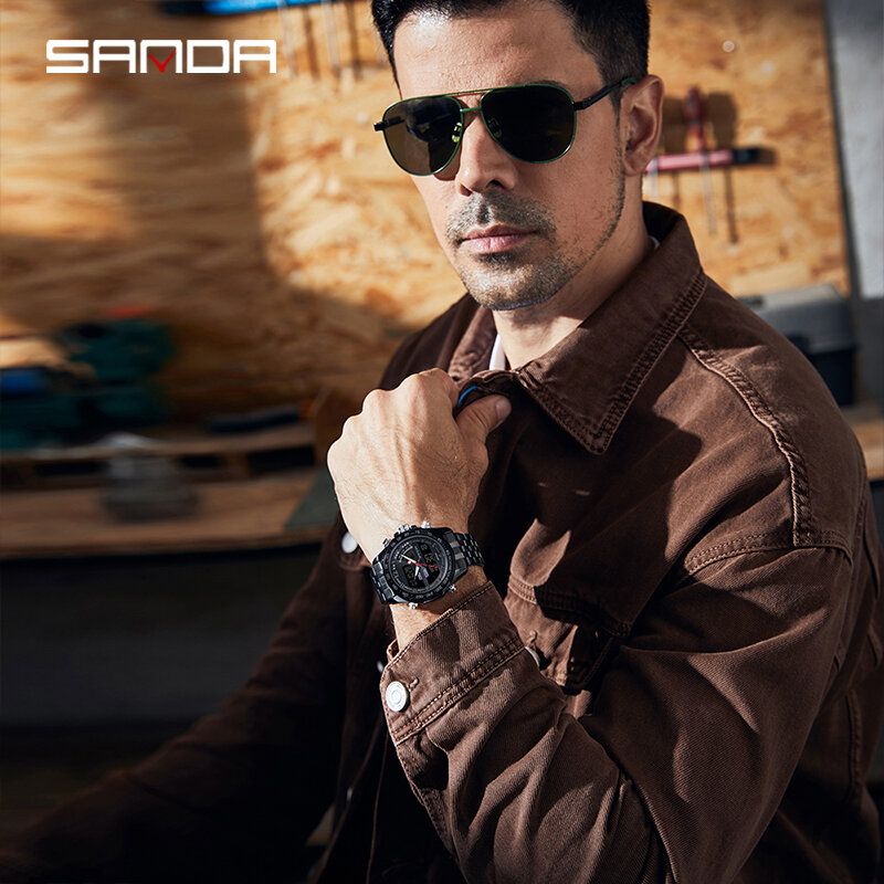 Sanda นาฬิกาควอทซ์สำหรับผู้ชายนาฬิกาข้อมือดิจิตอล LED สแตนเลสหน้าจอแสดงผลคู่แข็งแรงกันน้ำ