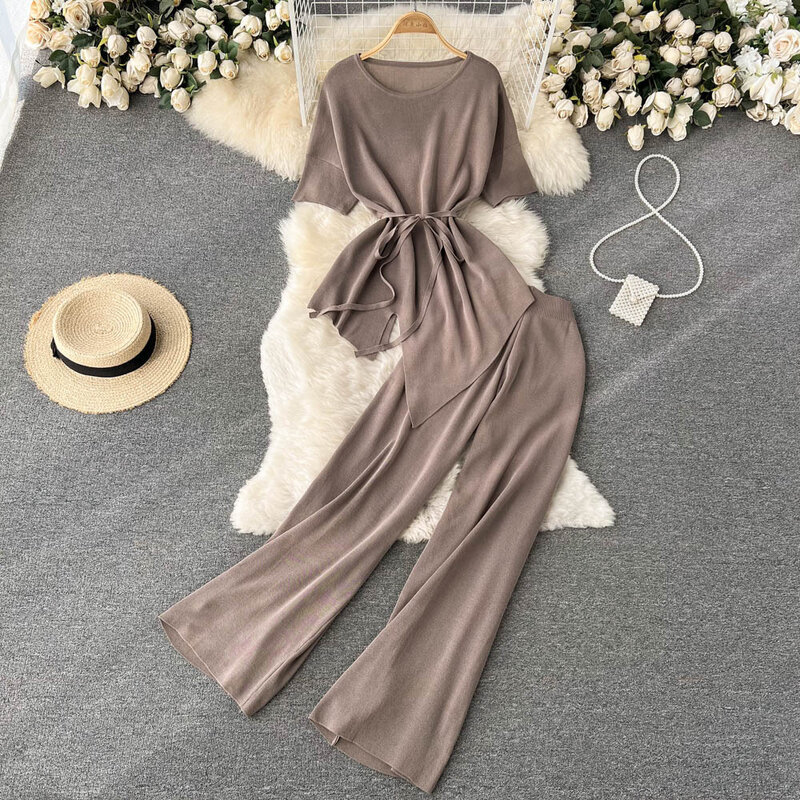 Pajamas for Women 2 Pieces Set Fashion Irregular Short-sleeved Top Thin Casual Wide-legged Pants Sleepwear Suit Women Outfits