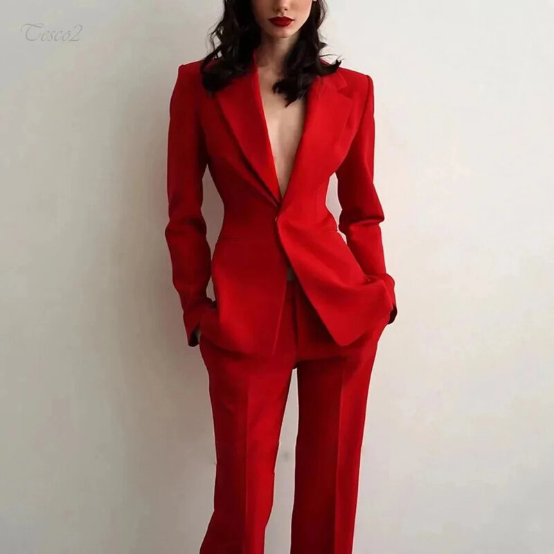 Tesco Casual Women's Suit Sets V-Neck Blazer And Straight Leg Trouser 2 Piece Red Formal Pantsuit For Evening Party Event Outfit