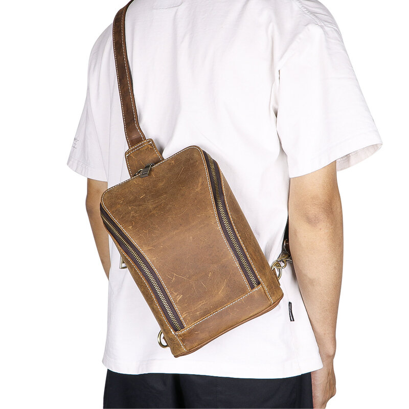 Новинка 2024, Мужская нагрудная сумка из натуральной кожи, винтажная сумка через плечо, повседневный рюкзак, модный простой Уличный спорт