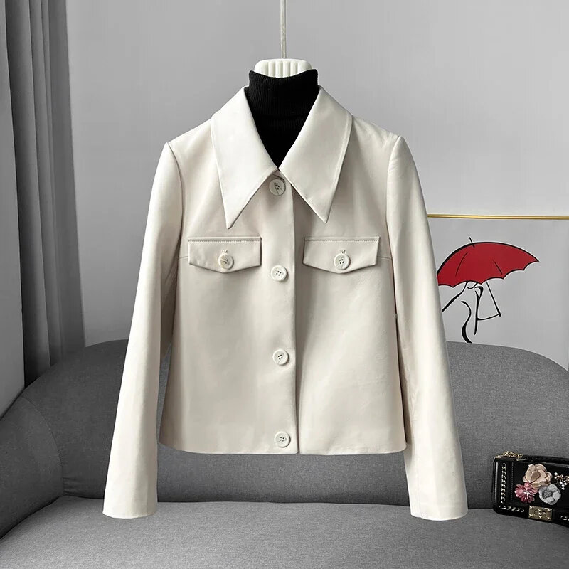Mantel kulit asli wanita, pakaian luar kulit domba ramping putih untuk perempuan Musim Semi dan Gugur 2024