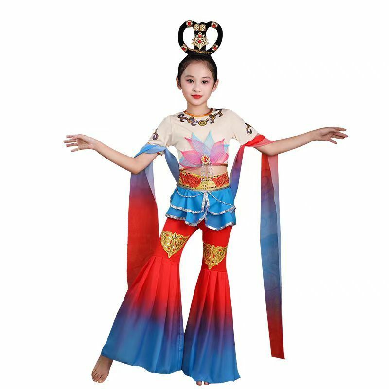 Feitian Música Drum Traje de Performance Infantil, Traje de Dança Dunhuang, Traje de Dança Clássica, Rebote Sonoro Maravilhoso