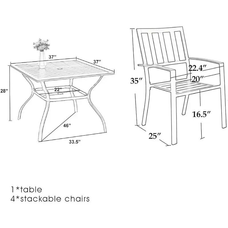 Металлический обеденный набор из 5 предметов для внутреннего дворика, 37 дюймов, квадратный стол для патио и бистро, садовые стулья для заднего двора, черное отверстие для зонта 1,57 дюйма