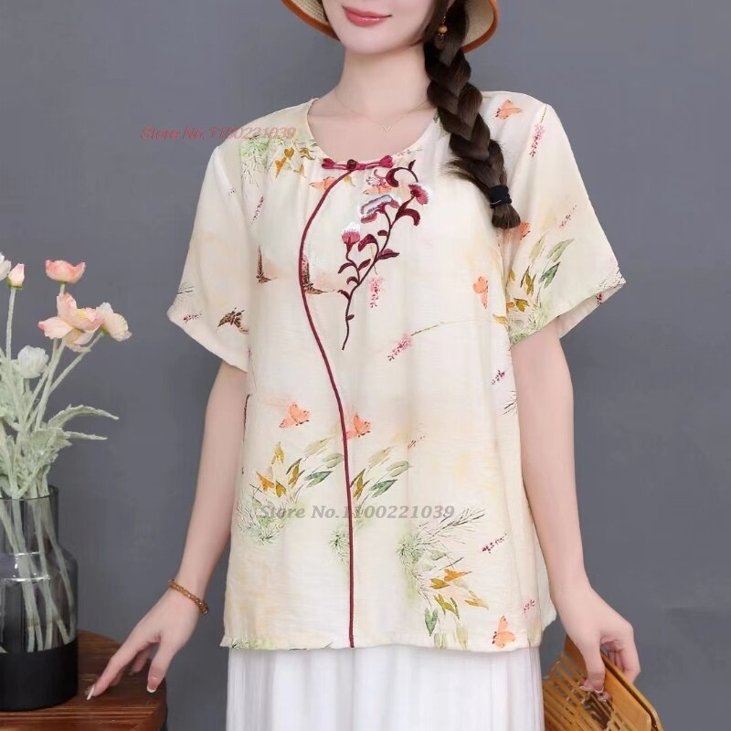 Blusa folclórica com estampa floral nacional, tops Hanfu retrô, roupa de rua tradicional solta, vintage chinês, 2024
