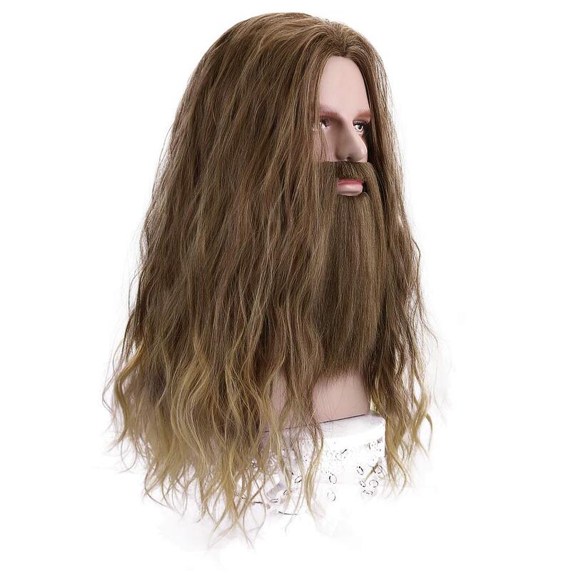 AICKER Long Brown Cosplay Thor Wig and Beard-Synthetic Rogue Anime Wigs - Jesus Beards Funny Party Hair Aquaman Wig