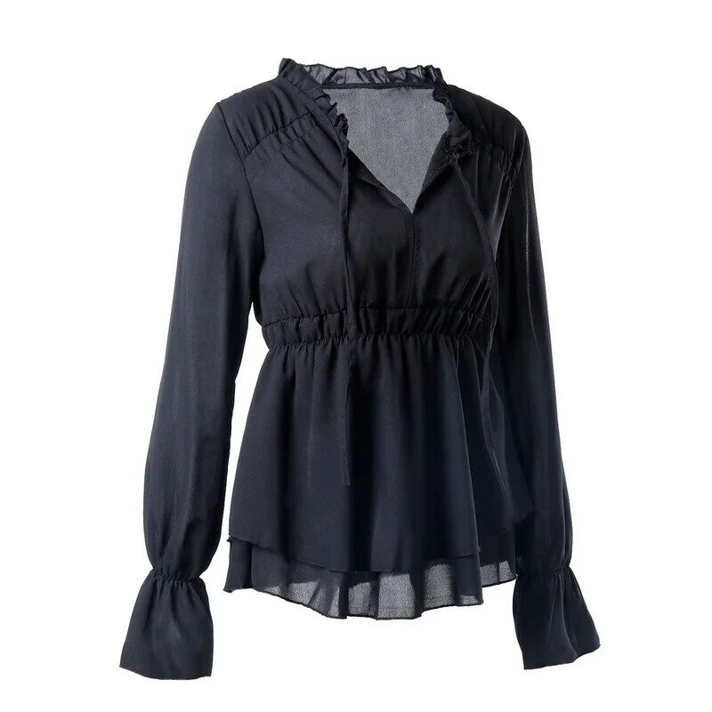 Frauen Top Frühling Herbst V-ausschnitt Stitching Puff Ärmeln Solid Color Lange-ärmeln Chiffon Shirt Mode Tops