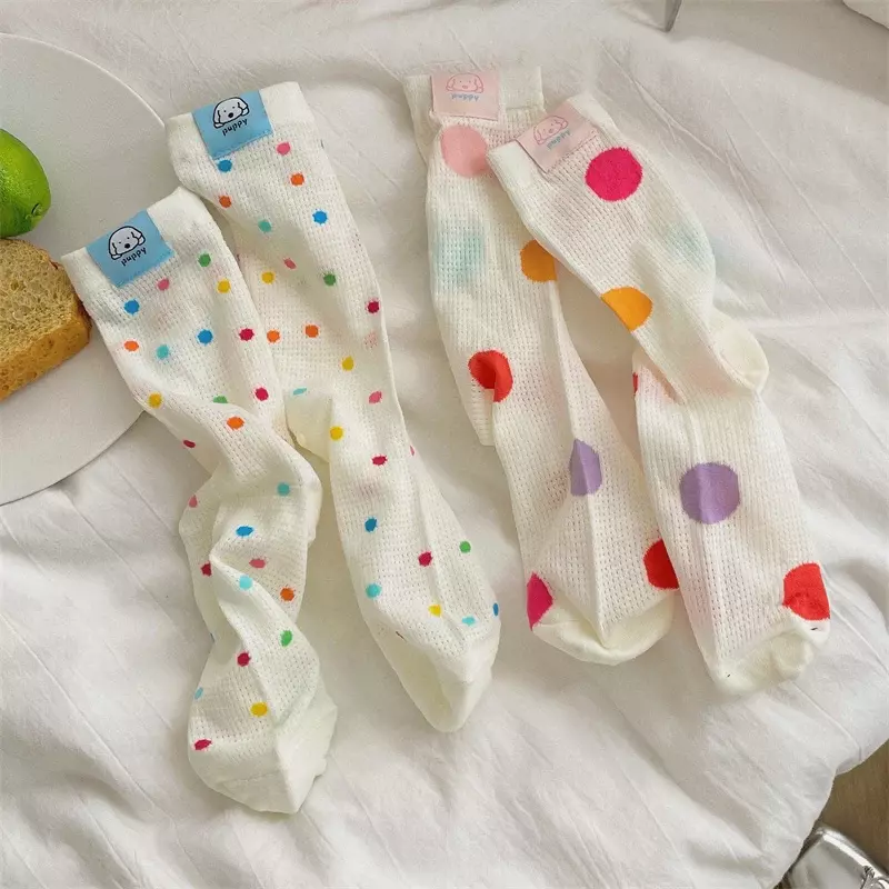 5 Pairs/Lot Women's Socks Thin Colorful Striped Mesh Socks Breathable White Cartoon Casual Trend Girls Crew Socks Set Comfort