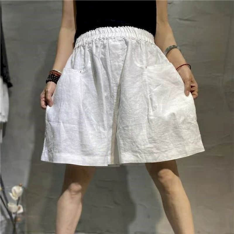 Baumwolle Leinen Shorts Frauen Sommer Vintage elastische Taille weites Bein Hosen lässig lose übergroße Fünf-Punkt-Shorts Frauen Kleidung