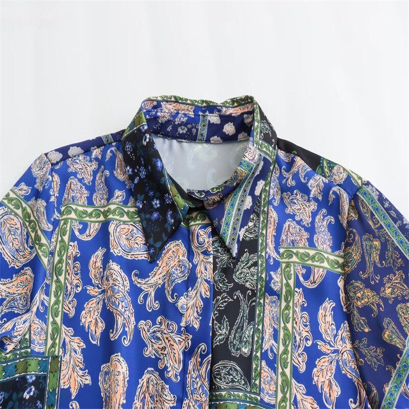 Camisa de textura de cetim de seda single-breasted, patchwork impresso camisa, casual solta manga longa lapela curto top, novo, verão, 2024