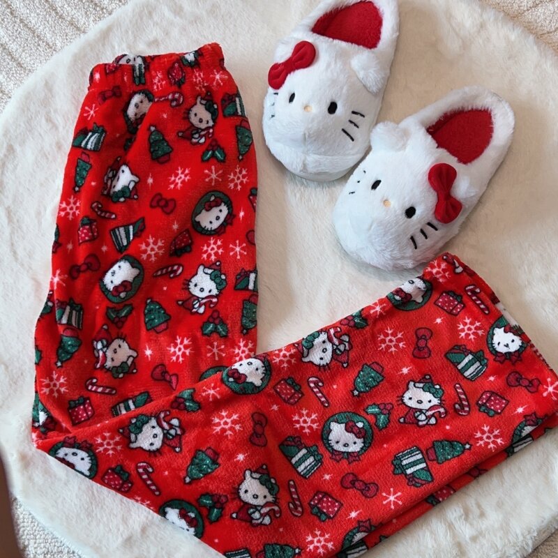 Kawaii Sanrio Hellokitty kreskówka piżama Y2K kobiety jesień/zima puszyste ciepłe spodnie babci moda luźna odzież domowa