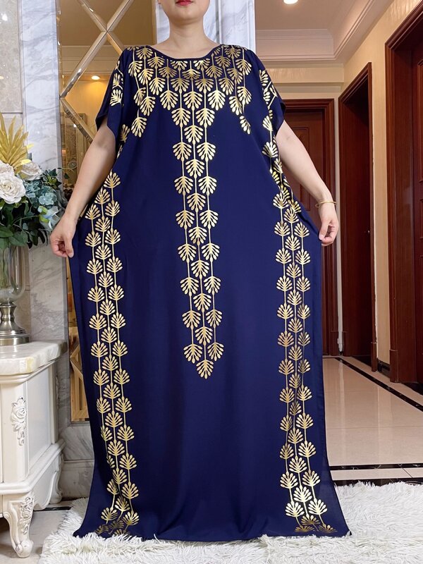 New Summer Loose Short Sleeve Cotton Robe Gold Stamping  Boubou Maxi Islam Femme Dress With Big Scarf African Abaya Clothes